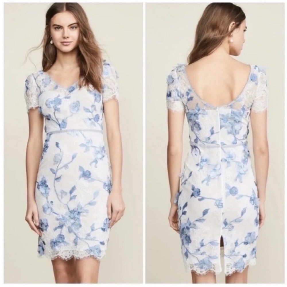 Marchesa Notte Floral Cap Sleeve Corded Lace Cocktail Dress White Blue NWT